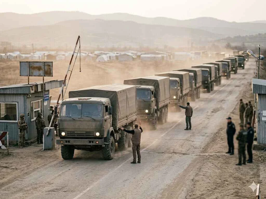 Aid trucks crossing into the Harlowe Corridor at the Bessen Crossing checkpoint