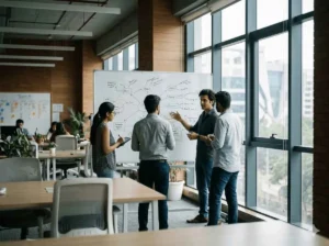 Startup team collaborating in a modern office as venture funding rebounds