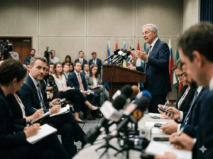 Central bank governor addressing reporters after the rate decision announcement