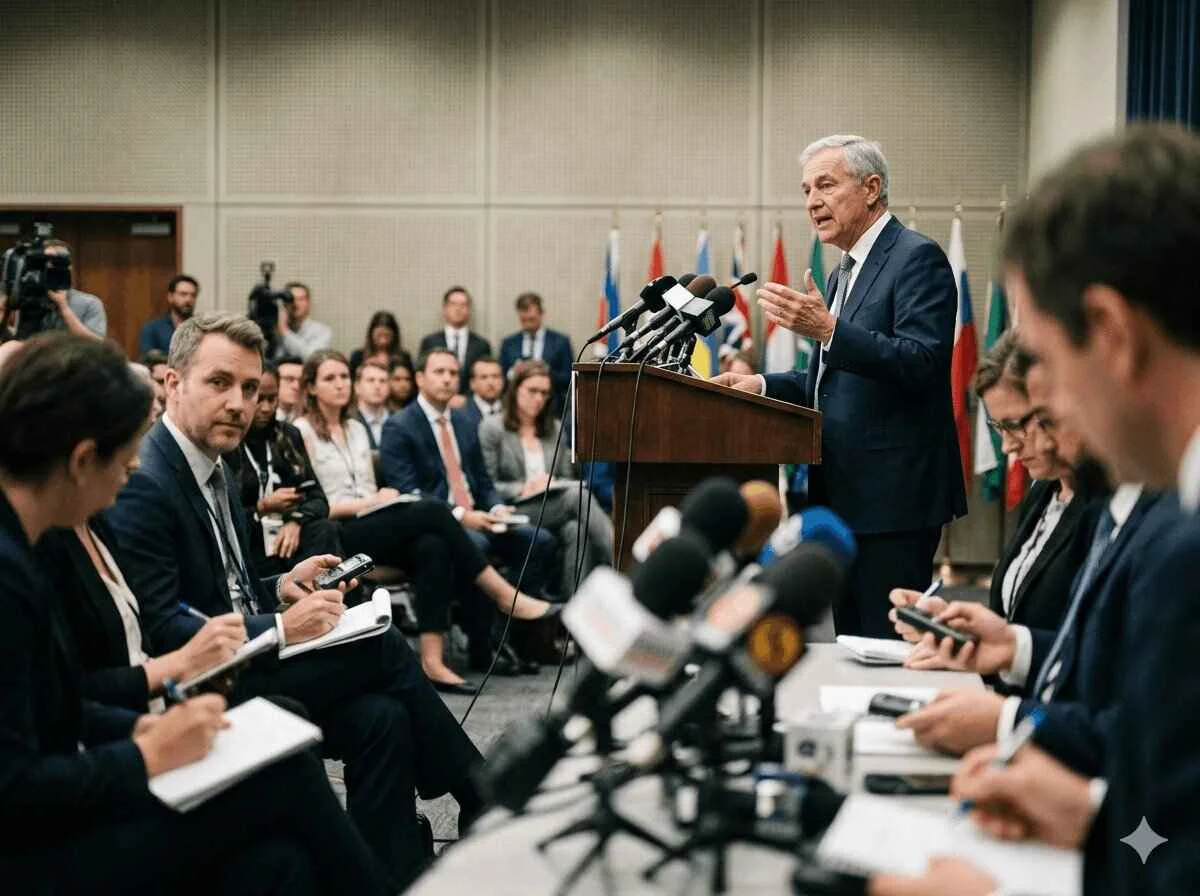 Central bank governor addressing reporters after the rate decision announcement