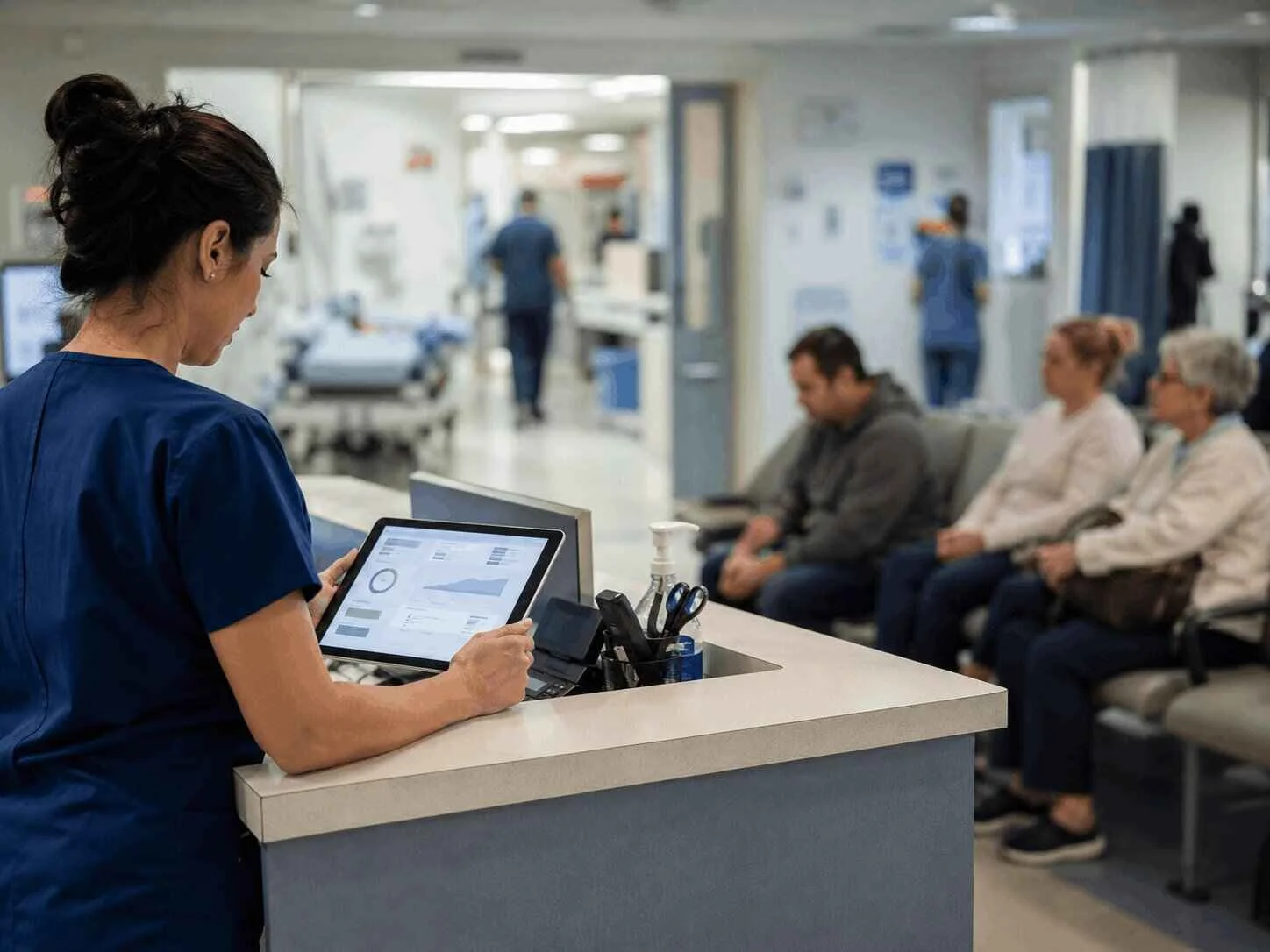 Hospital staff member reviewing patient flow data on a tablet in the emergency department
