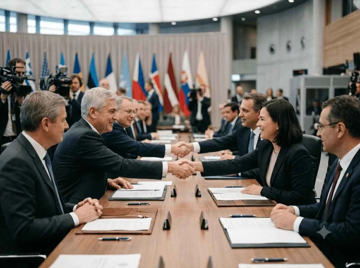 Trade ministers shaking hands after signing the Continental Trade Partnership agreement