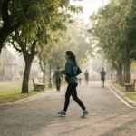 Person walking along a park path as new research links daily walking to longer lifespan