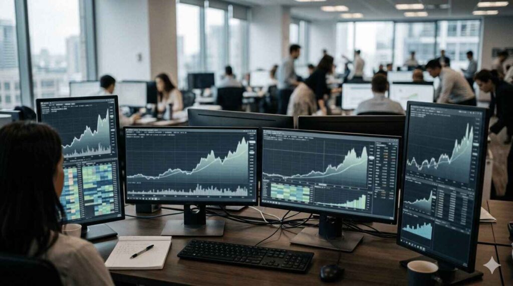 Analyst monitoring stock charts as technology shares lead the market rally