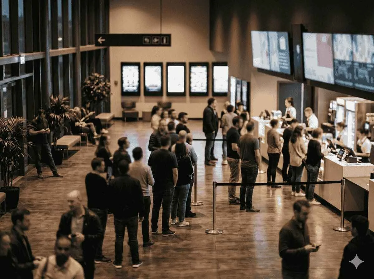 Moviegoers gathering at a cinema lobby on the film's record-breaking opening day