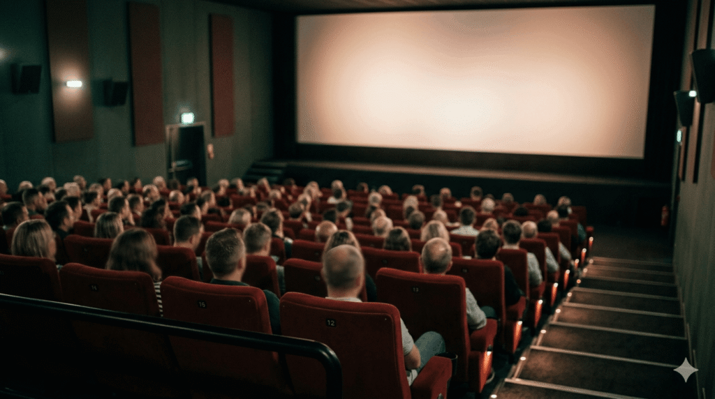 Audience seated in a sold-out cinema screening on opening day