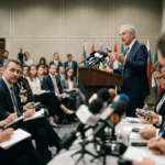 Central bank governor addressing reporters after the rate decision announcement