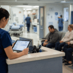 Hospital staff member reviewing patient flow data on a tablet in the emergency department