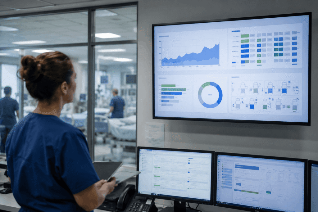 Hospital staff monitoring patient flow data displayed on a control room screen