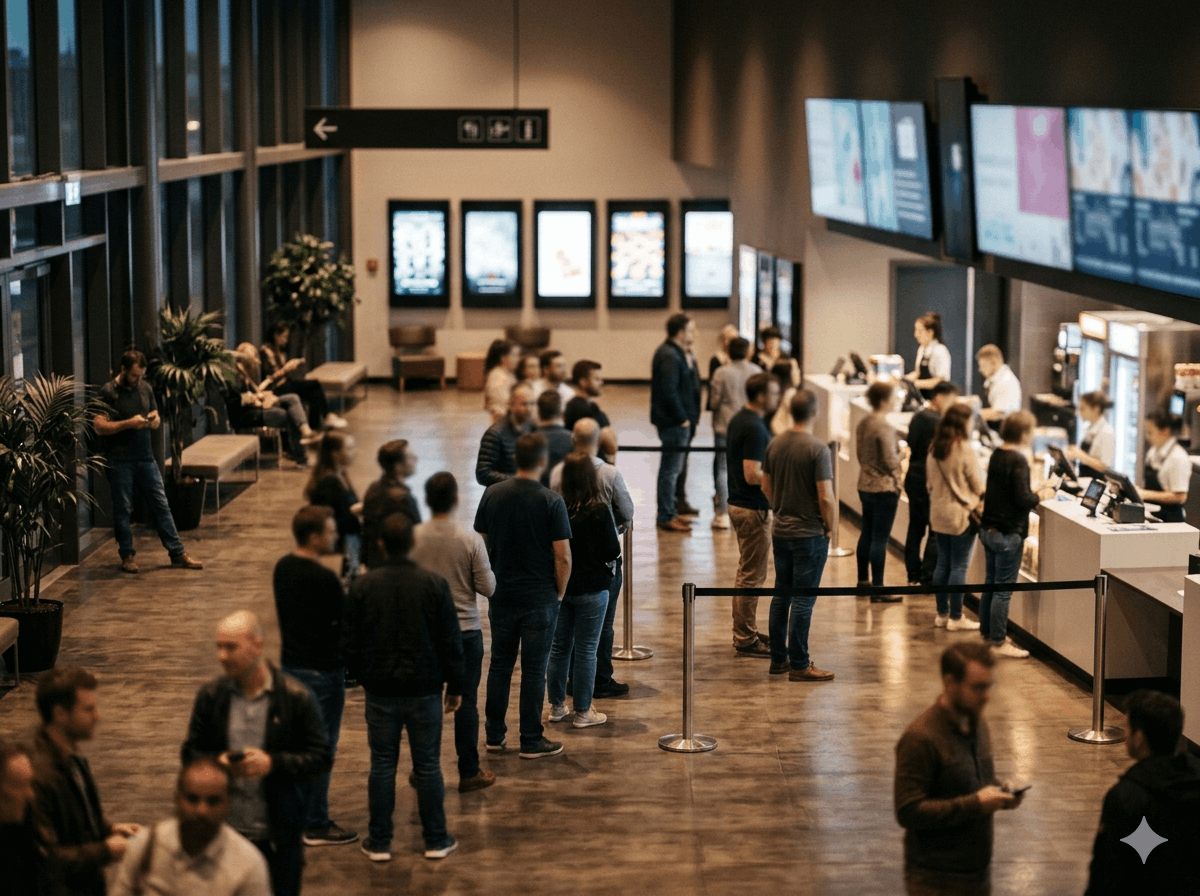 Moviegoers gathering at a cinema lobby on the film's record-breaking opening day