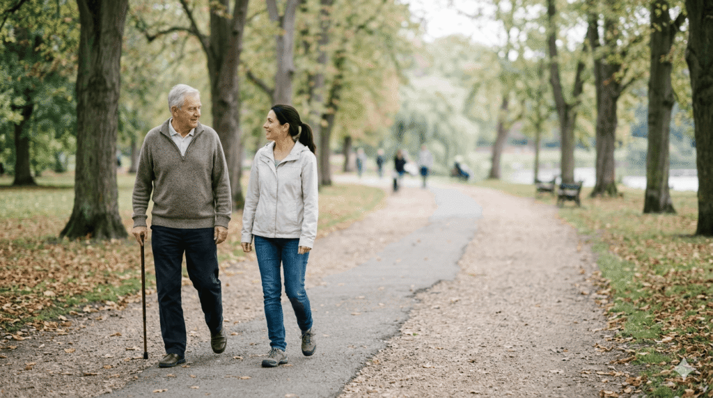 Older adults walking outdoors, reflecting the study's findings across age groups
