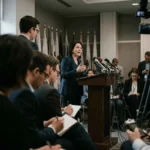 Opposition leader addressing reporters at a press briefing on the spending audit