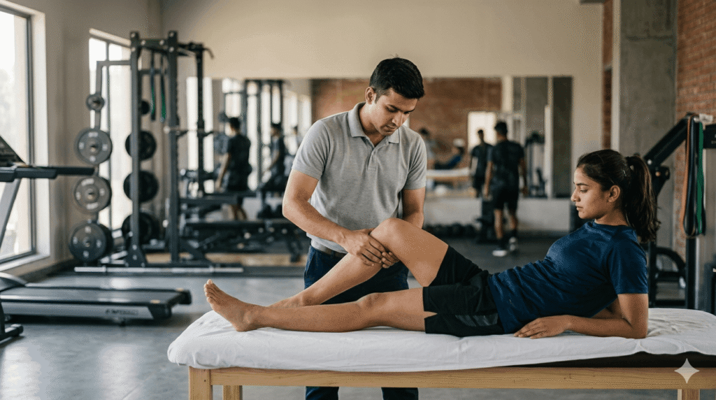 Physiotherapist assessing the recovering athlete's fitness during rehabilitation