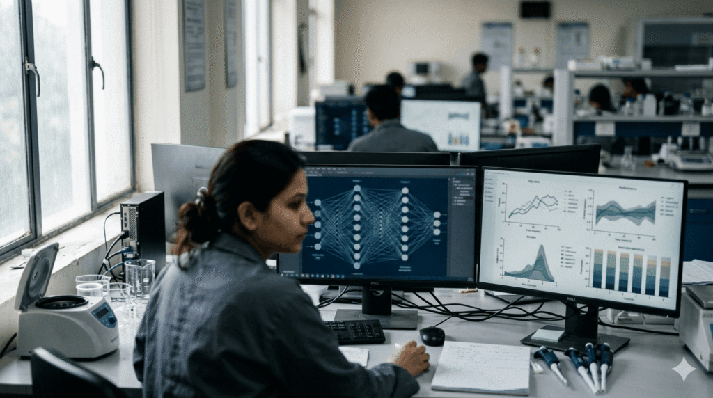 Researcher reviewing performance data for the newly unveiled AI model
