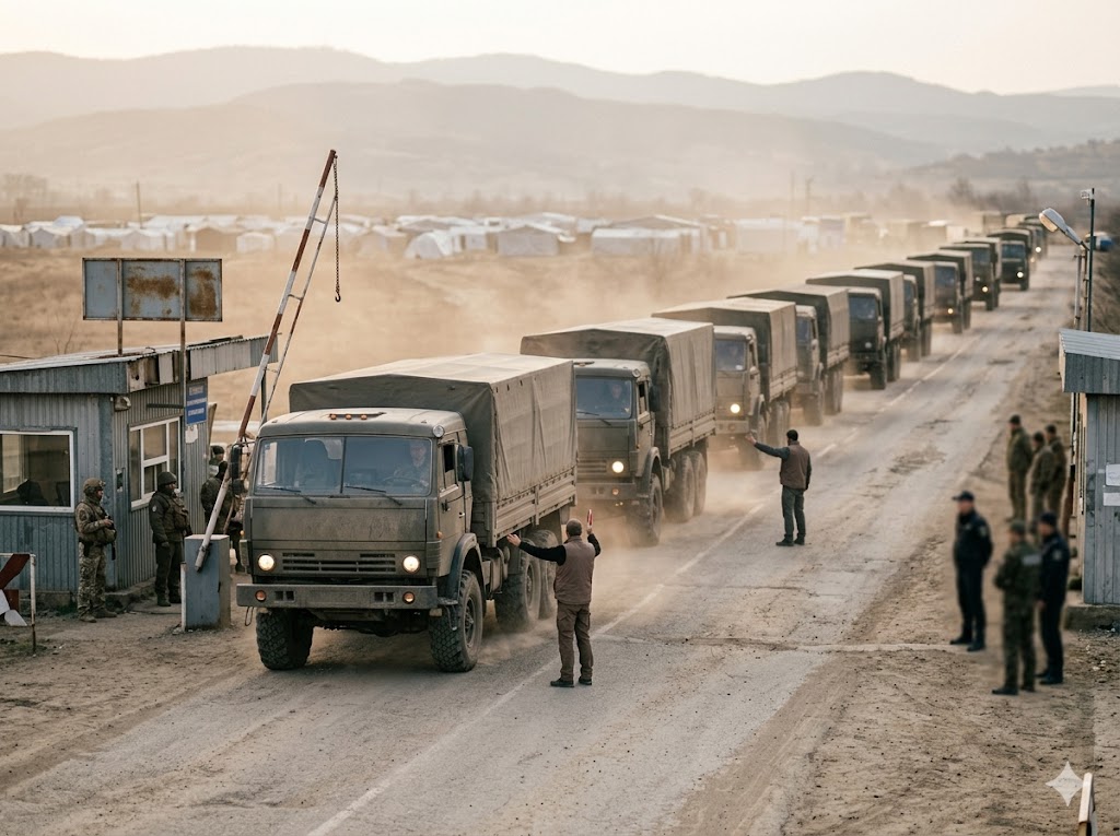 Aid trucks crossing into the Harlowe Corridor at the Bessen Crossing checkpoint