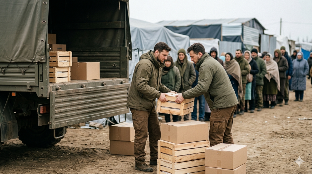 Aid workers unloading relief supplies at a distribution point in the Harlowe Corridor