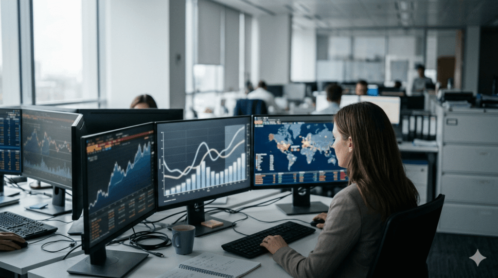 Analyst office displaying economic charts following the central bank's rate decision
