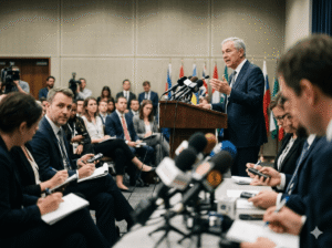 Central bank governor addressing reporters after the rate decision announcement