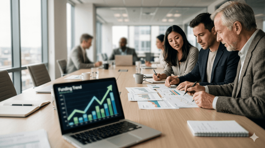  Investors reviewing funding trend data during a venture capital meeting