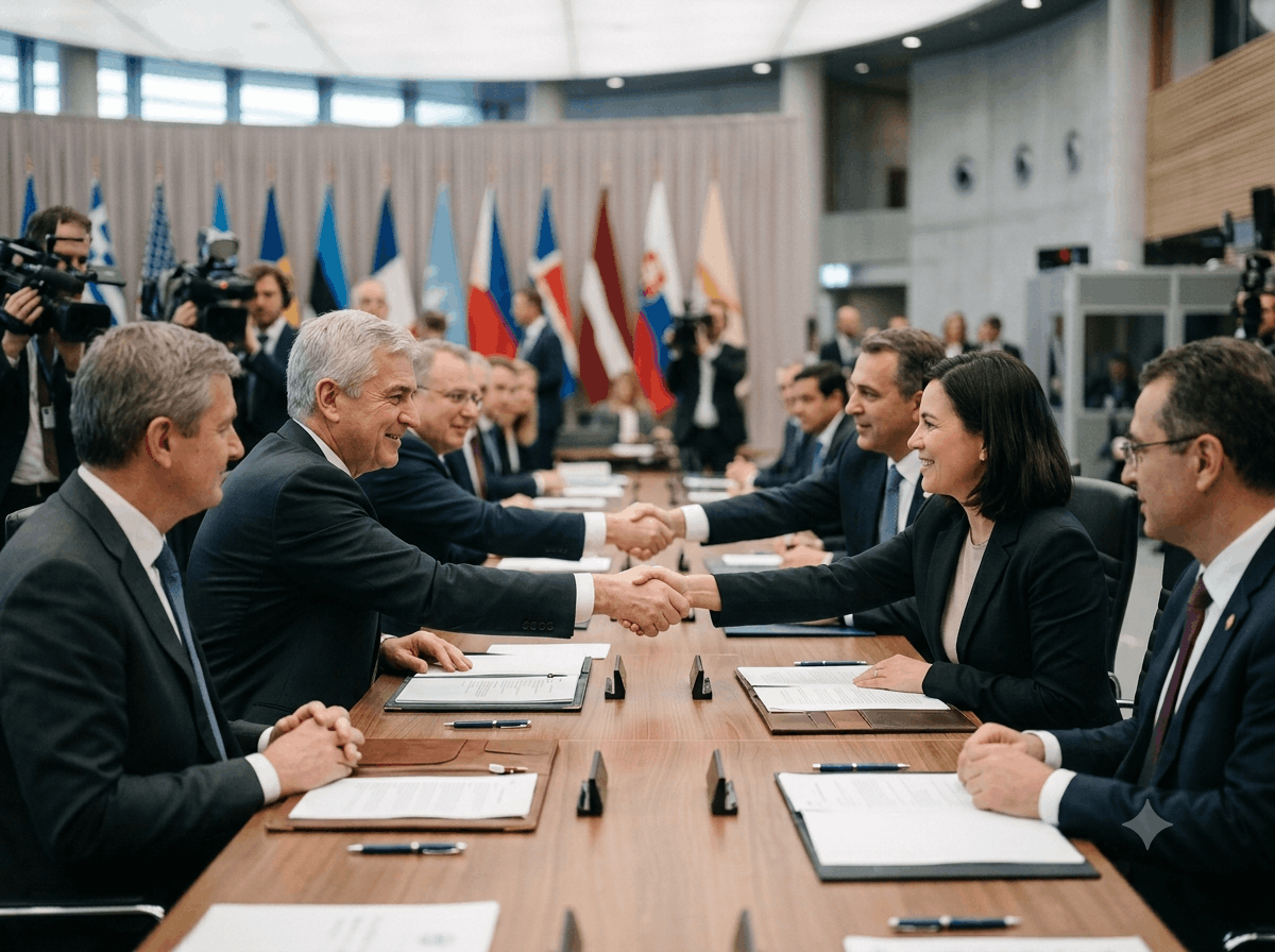 Trade ministers shaking hands after signing the Continental Trade Partnership agreement