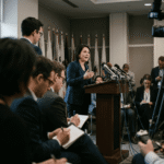 Opposition leader addressing reporters at a press briefing on the spending audit