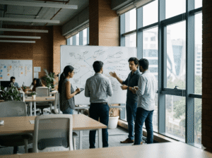 Startup team collaborating in a modern office as venture funding rebounds