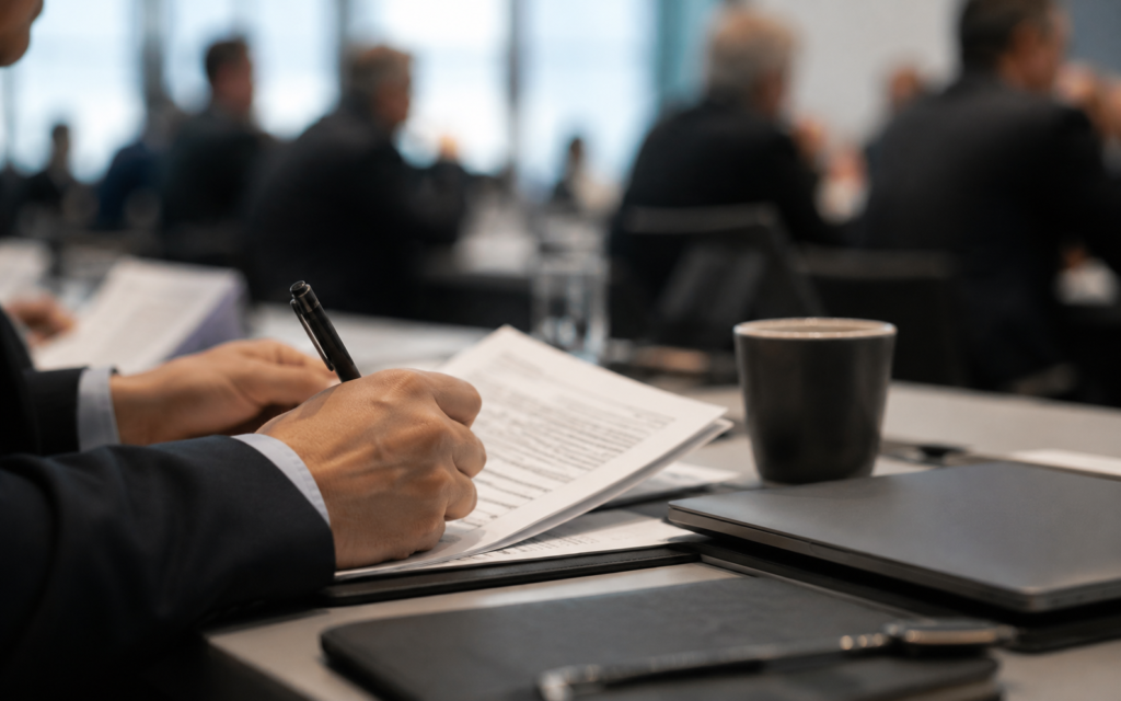 Close-up of a delegate annotating a briefing document during summit negotiations
